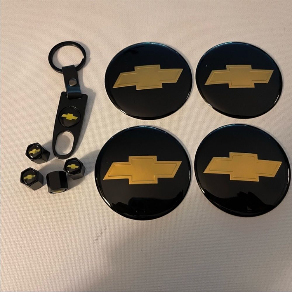 Chevrolet Logo Keychain Valve Stem Caps and Wheel Center Cap Stickers Black NWT